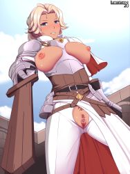 Rule 34 | 1girl, belt, blonde hair, blue eyes, blush, breast cutout, breasts, breasts out, capelet, catherine (fire emblem), cloud, cloudy sky, fire emblem, fire emblem: three houses, gloves, grin, hair ribbon, highres, holding, holding sword, holding weapon, large breasts, lumarianne20, nintendo, pants, ponytail, pubic tattoo, pussy, pussy cutout, ribbon, short hair, sky, smile, sweat, sweatdrop, sword, tattoo, teeth, waist cape, weapon, wooden sword