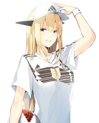 Rule 34 | 1girl, 2018 fifa world cup, adidas, alternate costume, ball, bismarck (kancolle), blonde hair, blue eyes, breasts, commentary, fifa, hair between eyes, hat, jersey, kantai collection, long hair, looking at viewer, medium breasts, meth (emethmeth), peaked cap, smile, soccer, soccer ball, soccer uniform, solo, sportswear, standing, telstar 18, uniform, upper body, world cup