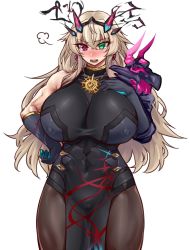 Rule 34 | 1girl, abs, armor, bare shoulders, black dress, blonde hair, blush, breasts, brown pantyhose, cameltoe, cleft of venus, covered erect nipples, dress, earrings, barghest (fate), barghest (second ascension) (fate), fate/grand order, fate (series), gauntlets, green eyes, heterochromia, horns, jewelry, large breasts, long hair, looking at viewer, muscular, muscular female, namidame, necklace, open mouth, pantyhose, pauldrons, pelvic curtain, red eyes, shoulder armor, sideboob, single gauntlet, single pauldron, solo, thick thighs, thighs, toned