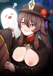 Rule 34 | aether (genshin impact), breastless clothes, breasts, brown eyes, bulge, erection, erection under clothes, genshin impact, ghost, hu tao (genshin impact), jewelry, large breasts, neocoill, nipples, ring, smile
