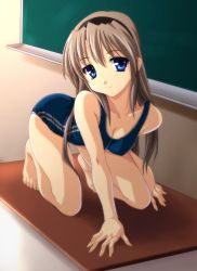 Rule 34 | 00s, 1girl, all fours, barefoot, blue eyes, breasts, brown hair, clannad, classroom, cleavage, feet, hairband, highres, indoors, long hair, non-web source, norizou type-r, one-piece swimsuit, podium, sakagami tomoyo, school, school swimsuit, smile, solo, swimsuit