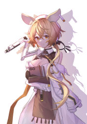 Rule 34 | 1girl, absurdres, animal ears, arknights, blonde hair, breasts, cleavage, clipboard, coat, crossed arms, crossed bangs, dorothy (arknights), ear tag, gloves, highres, holding, holding clipboard, long hair, medium breasts, mouse ears, mouse girl, mr yue jian, off shoulder, open clothes, open coat, shadow, solo, two-tone shirt, white background, white coat, yellow eyes, yellow gloves