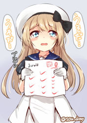 Rule 34 | 1girl, black bow, blonde hair, blue eyes, blue sailor collar, blush, bow, crying, crying with eyes open, dress, feet out of frame, gloves, grey background, hand on own hip, hat, hat bow, jervis (kancolle), kantai collection, long hair, looking at viewer, open mouth, sailor collar, sailor dress, sailor hat, school uniform, short sleeves, simple background, solo, sou (soutennkouchi), tears, test score, translation request, twitter username, white dress, white hat