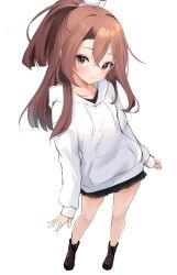 Rule 34 | 1girl, alternate costume, black footwear, black skirt, boots, brown eyes, brown hair, cross-laced footwear, from above, high ponytail, highres, hood, hooded sweater, kantai collection, lace-up boots, long hair, looking at viewer, pleated skirt, simple background, skirt, solo, standing, sweater, white background, white sweater, zarashi, zuihou (kancolle)