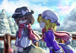 Rule 34 | 2girls, ^ ^, backlighting, basket, black skirt, blonde hair, blue sky, blush, book, bow, bowtie, brown hair, capelet, carrying, closed eyes, cloud, covered mouth, day, dior-zi, dress, fedora, fence, fir tree, frilled hat, frills, hair between eyes, hair bow, hair over shoulder, hat, hat bow, highres, holding, holding book, leaning forward, lens flare, long sleeves, looking at another, looking back, maribel hearn, mob cap, mountain, multiple girls, necktie, orange eyes, outdoors, profile, purple dress, red bow, red bowtie, red eyes, red necktie, red scarf, ribbon-trimmed sleeves, ribbon trim, sash, scarf, shirt, short hair, skirt, sky, smile, snow, sunlight, touhou, tree, usami renko, white bow, white shirt