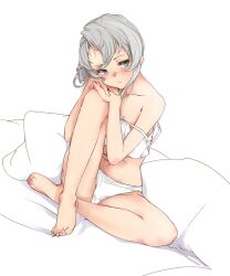 Rule 34 | 1girl, asymmetrical hair, barefoot, blue eyes, blush, bra, full body, grey hair, highres, kantai collection, looking to the side, nowaki (kancolle), off shoulder, own hands together, panties, parted lips, rizzl, simple background, sitting, solo, sports bra, underwear, underwear only, white background, white panties