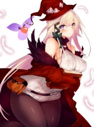 Rule 34 | 1girl, age of ishtaria, bare shoulders, belt pouch, blue eyes, blush, book, bow, breasts, brown pantyhose, covered erect nipples, cowboy shot, feathers, fur trim, hair bow, hat, inayama, large breasts, long hair, looking at viewer, meru (age of ishtaria), pantyhose, pouch, ribbed sweater, solo, sweater, very long hair, white background, witch hat