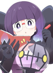 Rule 34 | 1girl, black bow, black gloves, blunt bangs, bow, chandelier, creatures (company), dress, game freak, glasses, gloves, holding, holding notebook, holding pen, ixy, looking at viewer, medium hair, nintendo, notebook, open mouth, pen, pokemon, pokemon bw, purple eyes, purple hair, shauntal (pokemon), simple background, upper body, white background