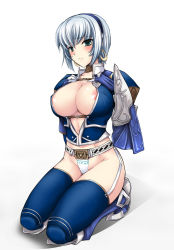 Rule 34 | 1girl, aqua eyes, areola slip, armor, azure (armor), belt, belt bra, blue thighhighs, blush, breast suppress, breasts, capcom, choker, cleavage, covered erect nipples, crop top, earrings, elbow gloves, embarrassed, frown, garter straps, gloves, greaves, groin, hairband, hoop earrings, jewelry, kizuki aruchu, kneeling, large breasts, looking at viewer, midriff, monster hunter, monster hunter (series), monster hunter frontier, navel, necklace, nipple slip, nipples, no bra, no pants, open clothes, open shirt, panties, print panties, shadow, shirt, short hair, simple background, solo, strap, thighhighs, thighs, underwear, white hair, white panties, wide hips