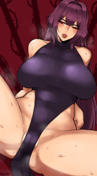 Rule 34 | 1girl, alecto 0, blush, breasts, cleft of venus, dress, fate/grand order, fate (series), highres, large breasts, lips, long hair, one eye closed, partially visible vulva, pelvic curtain, purple dress, pussy, red background, red eyes, scathach (fate), spread legs, steam, sweat, sweatdrop, thighs