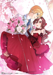 Rule 34 | 1boy, 1girl, bare shoulders, blonde hair, blue eyes, bouquet, breasts, brown hair, choker, cleavage, commentary request, copyright request, dress, flower, hair between eyes, hair flower, hair ornament, high heels, holding, holding bouquet, holding flower, hu kotora, long hair, medium breasts, nail polish, official art, open mouth, parted lips, petals, pink flower, pink rose, pleated dress, red choker, red dress, red eyes, red footwear, red nails, rose, shoes, smile, strapless, strapless dress, very long hair, white flower, white footwear, white rose