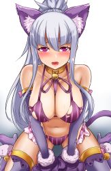 Rule 34 | 1girl, absurdres, alternate costume, animal ears, animal hands, bare shoulders, bell, bikini, blush, boots, breasts, cat ears, cat paws, cat tail, collarbone, commentary request, fake animal ears, fake tail, gloves, halloween, halloween costume, highres, large breasts, long hair, long sleeves, looking at viewer, mikazuki munechika, nagishy, navel, neck bell, open mouth, paw gloves, ponytail, purple eyes, purple footwear, purple hair, sitting, solo, swimsuit, tail, tenka hyakken, thigh boots, thighhighs, torn clothes, wariza, white background