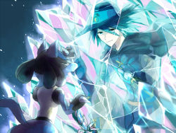 Rule 34 | 1boy, black cape, blue gloves, cape, closed eyes, closed mouth, commentary request, creatures (company), crying, game freak, gen 4 pokemon, gloves, glowing, hat, light smile, looking at another, lucario, nintendo, pants, pokemon, pokemon: lucario and the mystery of mew, pokemon (anime), pokemon (creature), pokemon rse (anime), sir aaron, spikes, standing, tanisakiho, tears