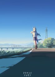 Rule 34 | 1girl, absurdres, ahoge, animal ears, black shorts, bottle, commentary, day, grey hair, highres, holding, holding bottle, horse ears, horse girl, horse tail, laminar flow, long hair, looking to the side, oguri cap (umamusume), orange footwear, outdoors, power lines, shadow, shirt, shoes, short sleeves, shorts, sneakers, solo, tail, train, translated, transmission tower, tree, umamusume, walking, white shirt, wiping face