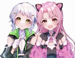 Rule 34 | 2girls, animal ears, arupi025, black gloves, black jacket, black shirt, blush, cat ears, clenched hands, clothing cutout, commentary request, expressionless, fake animal ears, flat chest, gloves, hair ornament, hairclip, hands up, highres, idolmaster, idolmaster million live!, idolmaster million live! theater days, jacket, light purple hair, long hair, long sleeves, looking at viewer, makabe mizuki, multiple girls, official alternate hair color, open mouth, parted lips, pink hair, pink jacket, red eyes, shirt, short hair, shoulder cutout, sidelocks, smile, takayama sayoko, upper body, wavy hair, white background, white gloves, white shirt, yellow eyes
