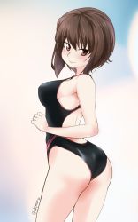 Rule 34 | 1girl, abimaru gup, ass, backless swimsuit, black one-piece swimsuit, breasts, brown eyes, brown hair, closed mouth, commentary, competition swimsuit, cowboy shot, from behind, girls und panzer, highres, looking at viewer, looking back, medium breasts, nishizumi maho, one-hour drawing challenge, one-piece swimsuit, short hair, smile, solo, standing, swimsuit, twitter username