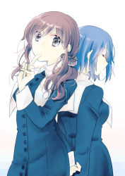 Rule 34 | 2girls, arm behind back, back, back-to-back, black dress, blue hair, breasts, brown eyes, brown hair, buttons, ciel (tsukihime), closed eyes, closed mouth, commentary request, cross, cross necklace, dress, finger to mouth, habit, hair between eyes, hair ornament, hair scrunchie, holding, holding cross, index finger raised, jewelry, long hair, long sleeves, looking at viewer, medium breasts, multiple girls, necklace, noel (tsukihime), nun, ponytail, scrunchie, short hair, side ponytail, sidelocks, simple background, traditional nun, tsukihime, tsukihime (remake), upper body, uyuki (ouun), white background