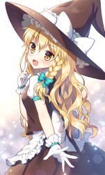 Rule 34 | 1girl, :d, apron, aqua bow, arm up, black dress, black hat, blonde hair, blush, bow, braid, brown eyes, dress, from side, gloves, hat, highres, kirisame marisa, long hair, looking at viewer, mauve, open mouth, smile, solo, touhou, wavy hair, white bow, white gloves, witch hat