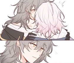 Rule 34 | 2girls, 2koma, black gloves, black jacket, blush, closed eyes, closed mouth, collarbone, comic, earrings, gloves, grey hair, hair between eyes, hand on another&#039;s shoulder, height difference, honkai: star rail, honkai (series), jacket, jewelry, kiss, march 7th (honkai: star rail), medium hair, multiple girls, pink hair, riejiu, shirt, simple background, stelle (honkai: star rail), surprised, trailblazer (honkai: star rail), white background, white shirt, yellow eyes, yuri
