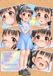Rule 34 | 1girl, :d, ;), ^ ^, animal, beamed eighth notes, bird, black footwear, black hair, blue dress, blue scrunchie, blush, bobby socks, character name, closed eyes, closed mouth, commentary request, dated, dress, eighth note, fukuyama mai, full body, grey eyes, hair ornament, hair scrunchie, happy birthday, heart, highres, idolmaster, idolmaster cinderella girls, interlocked fingers, loafers, musical note, one eye closed, open mouth, own hands together, photo (object), polka dot, polka dot dress, polka dot scrunchie, puffy short sleeves, puffy sleeves, regular mow, scrunchie, shoes, short sleeves, smile, socks, solo, standing, sweat, v-shaped eyebrows, white socks