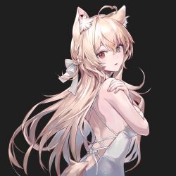 Rule 34 | 1girl, absurdres, ahoge, animal ear fluff, animal ears, black background, blonde hair, bow, breasts, cat ears, cat girl, cat tail, crossed bangs, double-parted bangs, dress, grey eyes, hair between eyes, hair bow, hand on own shoulder, heterochromia, highres, large breasts, lee jooin, long hair, looking at viewer, open mouth, red eyes, simple background, solo, tail, twice12314, v-lup, very long hair, virtual youtuber, white bow, white dress