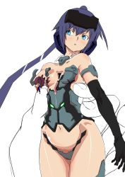 Rule 34 | 1girl, blue eyes, blue hair, blush, bodysuit, breasts, damaged, elbow gloves, frame arms girl, gloves, highres, jinrai (frame arms girl), kimuwaipu, light blush, long hair, looking to the side, mecha musume, mechanical parts, missing limb, navel, parted lips, ponytail, small breasts, solo, thigh gap, thighs, wire