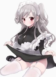 Rule 34 | 10s, 1girl, albino, apron, bad id, bad pixiv id, black dress, black footwear, blush, breasts, bursting breasts, closed mouth, clothes lift, dress, dress lift, drill hair, garter straps, grey hair, idolmaster, idolmaster cinderella girls, kanzaki ranko, lifted by self, long hair, long sleeves, looking at viewer, maid headdress, mary janes, misumi (macaroni), off shoulder, panties, red eyes, shoes, simple background, sitting, sleeves rolled up, solo, swept bangs, thighhighs, twin drills, two side up, underwear, white apron, white background, white panties, white thighhighs