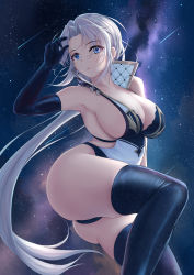 Rule 34 | 1girl, absurdres, ass, azur lane, bare shoulders, black gloves, black thighhighs, blue eyes, breasts, closed mouth, elbow gloves, gloves, highres, kronshtadt (azur lane), large breasts, long hair, looking at viewer, night, night sky, shigatsu (4gate), sideboob, silver hair, sky, solo, star (sky), starry sky, thighhighs, thighs