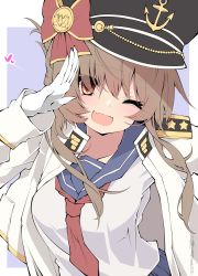 Rule 34 | 1girl, 2021, alternate breast size, black hat, blue sailor collar, blue skirt, blush, bow, breasts, brown eyes, brown hair, fang, folded ponytail, gloves, hair between eyes, hat, hat bow, heart, highres, inazuma (kancolle), jacket, kantai collection, large breasts, long hair, long sleeves, one eye closed, open mouth, ponytail, red neckwear, sailor collar, sakakiba misogi, salute, school uniform, serafuku, sidelocks, signature, simple background, skin fang, skirt, solo, two-tone background, upper body, white gloves, white jacket