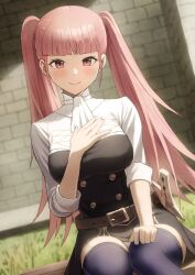 Rule 34 | 1girl, belt, black dress, blunt bangs, blush, breasts, brick wall, brown belt, closed mouth, dress, fagi (kakikaki), female focus, fire emblem, fire emblem: three houses, grass, hand on own chest, hand on own leg, highres, hilda valentine goneril, large breasts, long hair, looking at viewer, matching hair/eyes, nintendo, pink eyes, pink hair, purple thighhighs, sleeves past elbows, smile, solo, thighhighs, twintails