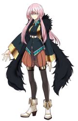 Rule 34 | 1girl, adapted costume, ankle boots, belt, black scarf, blue jacket, boots, brown pantyhose, closed mouth, full body, hata no kokoro, high heels, jacket, long hair, long sleeves, looking at viewer, orange shorts, pantyhose, pink eyes, pink hair, scarf, shorts, shukusuri, simple background, solo, touhou, white background, white belt, white footwear