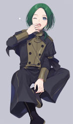 Rule 34 | 1boy, ;o, black footwear, black pants, black shirt, blue eyes, boots, commentary request, fire emblem, fire emblem: three houses, fuji fujino, green hair, grey background, hand to own mouth, hand up, highres, linhardt von hevring, long sleeves, looking at viewer, male focus, nintendo, one eye closed, open mouth, pants, parted bangs, shirt, simple background, sitting, solo