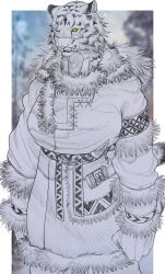 Rule 34 | 1girl, blurry, blurry background, border, clenched hands, closed mouth, fur trim, furry, furry female, gaku (ququlg), hatching (texture), highres, looking at viewer, one eye closed, original, outdoors, scabbard, scar, scar across eye, scar on face, scar on nose, sheath, sheathed, solo, tiger, tree, weapon, white border, white tiger, winter clothes, yellow eyes