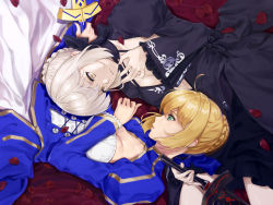 Rule 34 | 2girls, ahoge, artoria pendragon (all), artoria pendragon (fate), bed, black neckwear, blonde hair, blue dress, braid, braided bun, breasts, choker, cleavage, cleavage cutout, closed mouth, clothing cutout, couple, dress, dual persona, excalibur (fate/stay night), excalibur morgan (fate), eye contact, fate/stay night, fate (series), female focus, french braid, from above, green eyes, hair bun, hand up, holding, holding sword, holding weapon, lips, long sleeves, looking at another, lying, medium breasts, multiple girls, neck, on bed, on side, petals, puffy long sleeves, puffy sleeves, rotational symmetry, saber (fate), saber alter, short hair, silver hair, single hair bun, sword, turtleneck, type-moon, upside-down, weapon, wide sleeves, yamaishi (mukoubuti), yellow eyes, yuri