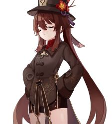 Rule 34 | 1girl, black shorts, blush, brown hair, chinese clothes, coat, cowboy shot, closed eyes, flat chest, flower, genshin impact, hat, hat ornament, hu tao (genshin impact), long sleeves, miyako draw, plum blossoms, porkpie hat, pout, shorts, solo, twintails, white background