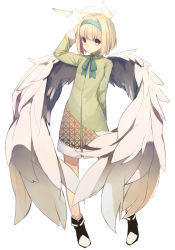 Rule 34 | 1girl, angel, angel wings, arm behind back, arm up, blonde hair, blush, bob cut, boots, brown eyes, coat, commentary request, detached horns, enamisachi, full body, green hairband, green ribbon, hairband, hand on own head, highres, horns, long sleeves, looking at viewer, neck ribbon, original, parted lips, ribbon, short hair, simple background, solo, standing, tareme, white background, white wings, wing collar, wings