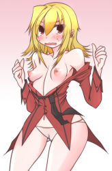 Rule 34 | 1girl, armpits, bare shoulders, blonde hair, blush, breasts, cameltoe, collarbone, covered erect nipples, embarrassed, fang, long hair, medium breasts, navel, necktie, nipples, niwakaame (amayadori), open mouth, panties, puffy nipples, red eyes, simple background, solo, sweat, underwear, white panties