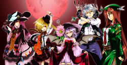 Rule 34 | 5girls, alternate costume, bare shoulders, bat wings, belt, blonde hair, blue eyes, book, bow, braid, breasts, crescent, cuffs, detached sleeves, dress, feathers, female focus, fingerless gloves, fishnet pantyhose, fishnets, flandre scarlet, flower, frills, gloves, grey hair, hair bow, handcuffs, hat, highres, hong meiling, i-la, izayoi sakuya, knife, long hair, medium breasts, moon, multiple girls, necktie, open mouth, pants, pantyhose, patchouli knowledge, purple eyes, purple hair, red eyes, red hair, red moon, remilia scarlet, ribbon, shirt, short hair, side ponytail, skirt, skirt hold, small breasts, smile, stopwatch, suspenders, tasoku hokou heiki, thighhighs, touhou, twin braids, vest, watch, wings