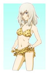 Rule 34 | 10s, 1girl, animal print, aqua background, bikini, blue background, blue eyes, breasts, closed mouth, clothes lift, commentary request, cowboy shot, cropped legs, eyelashes, frown, girls und panzer, glaring, gradient background, hand on own hip, highres, hp23, itsumi erika, leopard print, lifting own clothes, long hair, looking at viewer, medium breasts, navel, outside border, print bikini, print sarong, sarong, sarong lift, silver hair, solo, standing, swimsuit, yellow bikini, yellow sarong