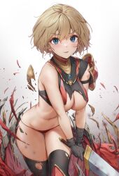 Rule 34 | 1girl, absurdres, armor, black gloves, black thighhighs, blonde hair, blue eyes, blush, breasts, broken armor, closed mouth, exploding clothes, gloves, gradient background, highres, holding, holding sword, holding weapon, large breasts, leaning forward, navel, original, panties, parted lips, pauldrons, red panties, short hair, shoulder armor, smile, solo, sword, thighhighs, torn clothes, torn thighhighs, underwear, v-shaped eyebrows, weapon, wet.elephant, white background