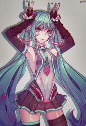 Rule 34 | 1girl, alternate costume, alternate hairstyle, armpits, bad id, bad pixiv id, black gloves, black skirt, blue eyes, blue hair, breasts, covered erect nipples, covered navel, double v, elbow gloves, gloves, gradient neckwear, hatsune miku, highres, looking to the side, necktie, open mouth, senjouhara nira, sideboob, skin tight, skirt, small breasts, solo, thighhighs, twintails, v, vocaloid