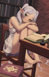 Rule 34 | book, brick wall, chair, earrings, elf, feathers, feet, fingernails, frieren, green eyes, highres, jewelry, lentiyay, looking at viewer, paper, pointy ears, shelf, sitting, smile, sousou no frieren, table, thighs, toenails, toes, white hair, wood