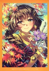 Rule 34 | 1girl, absurdres, autumn leaves, beret, braid, brown eyes, brown hair, closed mouth, earrings, fingernails, flower, hair ornament, hairclip, hat, head tilt, highres, holding, jewelry, lips, long hair, long sleeves, looking at viewer, morikura en, nail polish, original, scan, simple background, single earring, smile, solo, turtleneck, twin braids, twintails, upper body, white hat