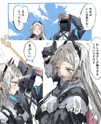 Rule 34 | 1girl, 1other, arknights, black gloves, blue sky, blush, cloud, comic, commentary, covering face, doctor (arknights), flying sweatdrops, forehead, gloves, grey eyes, highres, hot, irene (arknights), long hair, na tarapisu153, one eye closed, open mouth, scar, scar across eye, shiny forehead, sky, sound effects, speech bubble, sweat, translation request, white hair