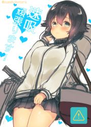 Rule 34 | !, 10s, 1girl, black skirt, blush, brown hair, clothes lift, frown, green eyes, hair between eyes, hayasui (kancolle), heart, heart background, jacket, kantai collection, long sleeves, microskirt, pleated skirt, short hair, sidelocks, simple background, skirt, skirt lift, solo, suzuho hotaru, sweat, track jacket, turret, twitter username, white background