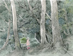Rule 34 | 1girl, boots, forest, grey hair, leaf, midori yamada, monster, nature, original, outline, painting (medium), pen (medium), pink footwear, profile, short hair, solo, traditional media, tree, watercolor (medium), white outline, wide shot