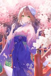Rule 34 | 1girl, beret, bridge, brown hair, cherry blossoms, commentary request, earrings, facial mark, floral print, flower, furisode, green eyes, hair between eyes, hat, highres, japanese clothes, jewelry, kimono, looking at viewer, necomi, original, outdoors, petals, pink flower, pink kimono, purple sash, sash, short hair, smile, solo, tree, white hat, wide sleeves