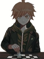 Rule 34 | 1boy, ahoge, board game, bong (0u0bon), brown eyes, brown hair, brown jacket, checkered floor, chess, chess piece, chessboard, closed mouth, collarbone, commentary request, danganronpa: trigger happy havoc, danganronpa (series), green hoodie, holding, hood, hoodie, jacket, knight (chess), long sleeves, looking at viewer, male focus, naegi makoto, open clothes, open jacket, simple background, smile, solo, sweatdrop, table, tiles, upper body, white background