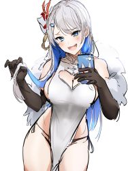 Rule 34 | 1girl, absurdres, blue eyes, blush, breasts, cellphone, china dress, chinese clothes, cleavage, cleavage cutout, clothing cutout, dress, elbow gloves, fang, gloves, hair ornament, hairclip, highres, mask, mask on head, multicolored hair, open mouth, original, panties, phone, selfie, shawl, sketch, smartphone, solo, taking picture, tsurime, two-tone hair, underwear, uthy, white background, white hair