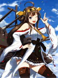 Rule 34 | 10s, 1girl, ;d, bare shoulders, black thighhighs, blue sky, blush, boots, brown hair, cannon, cloud, confetti, day, detached sleeves, double bun, grey eyes, hair bun, hair ornament, hairband, hand on own hip, headgear, index finger raised, japanese clothes, kantai collection, kongou (kancolle), long hair, miko, nontraditional miko, one eye closed, open mouth, personification, ribbon-trimmed sleeves, ribbon trim, shin (world 3000), skirt, sky, smile, solo, thigh boots, thighhighs, turret, wink
